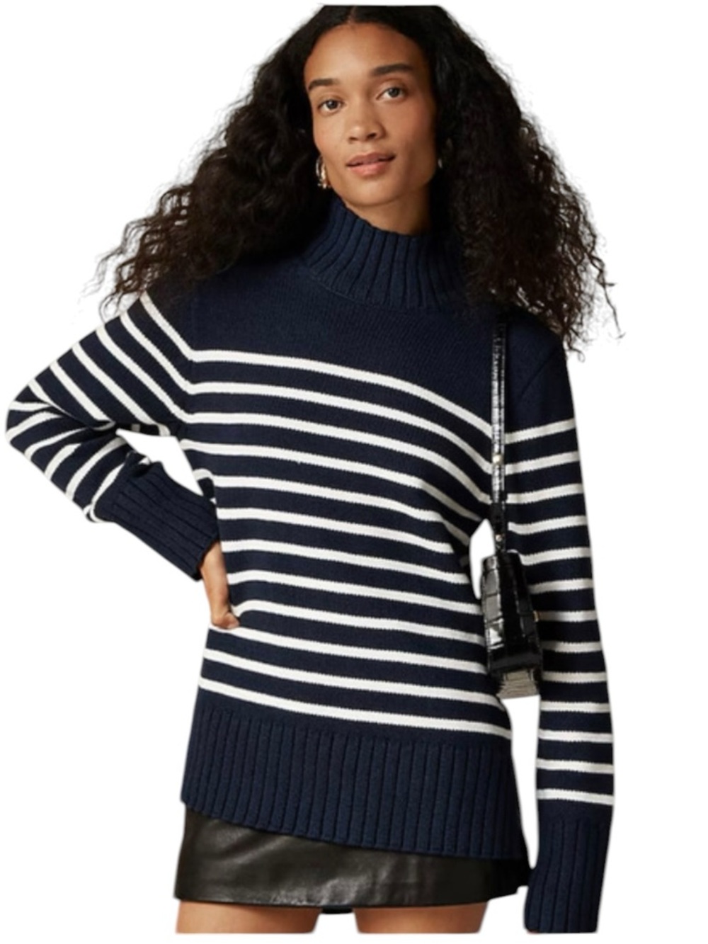 J. Crew Cotton Turtleneck Sweater in Stripe S Blue White Relaxed Coastal Preppy